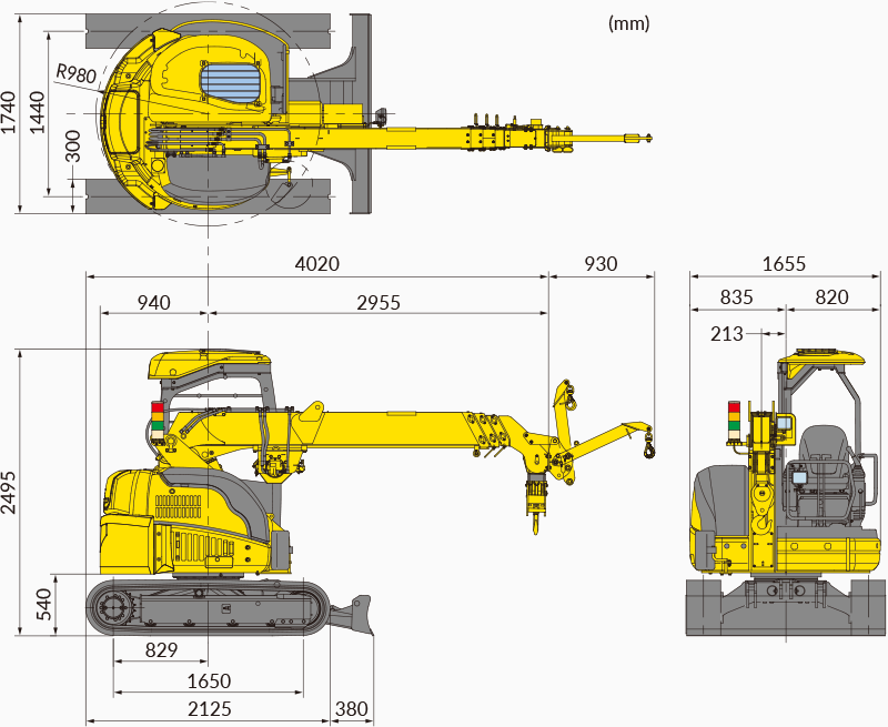 Габариты в рабочем положении мини-крана MAEDA CC423