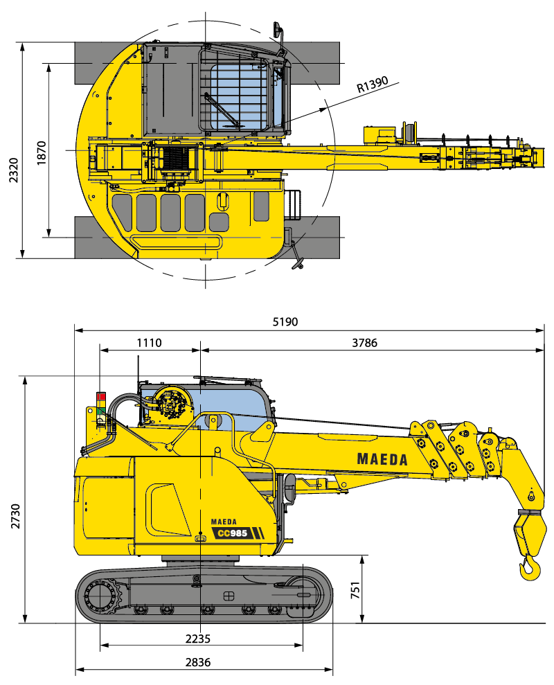 Габариты мини-крана MAEDA CC985