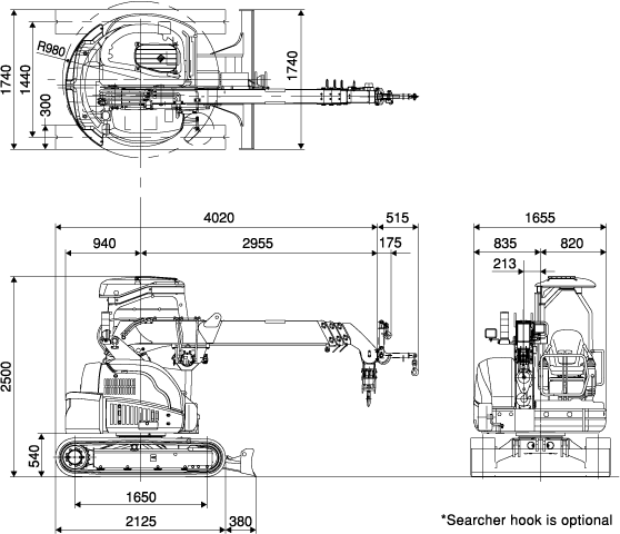 Габариты в рабочем положении мини-крана MAEDA LC383