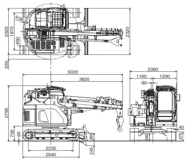 Габариты мини-крана MAEDA LC785