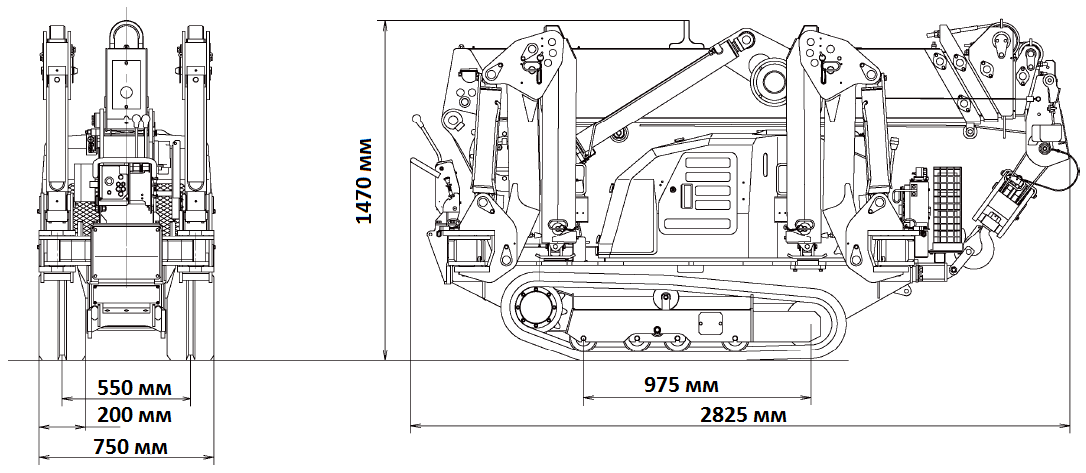Габариты мини-крана паука MAEDA MC285 без электромотора в собраном / транспортном положении