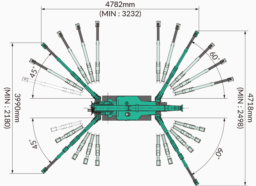 Габариты в рабочем положении мини-крана паука MAEDA MC285