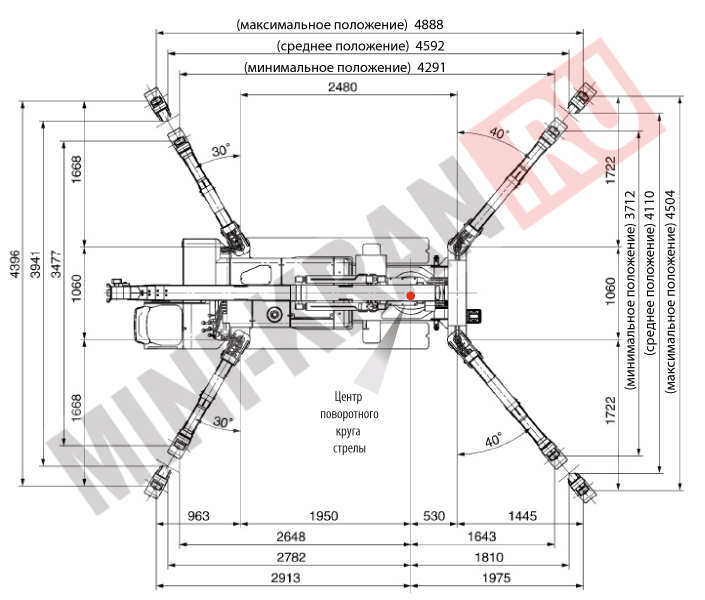 Габариты в рабочем положении мини-крана паука MAEDA MC305