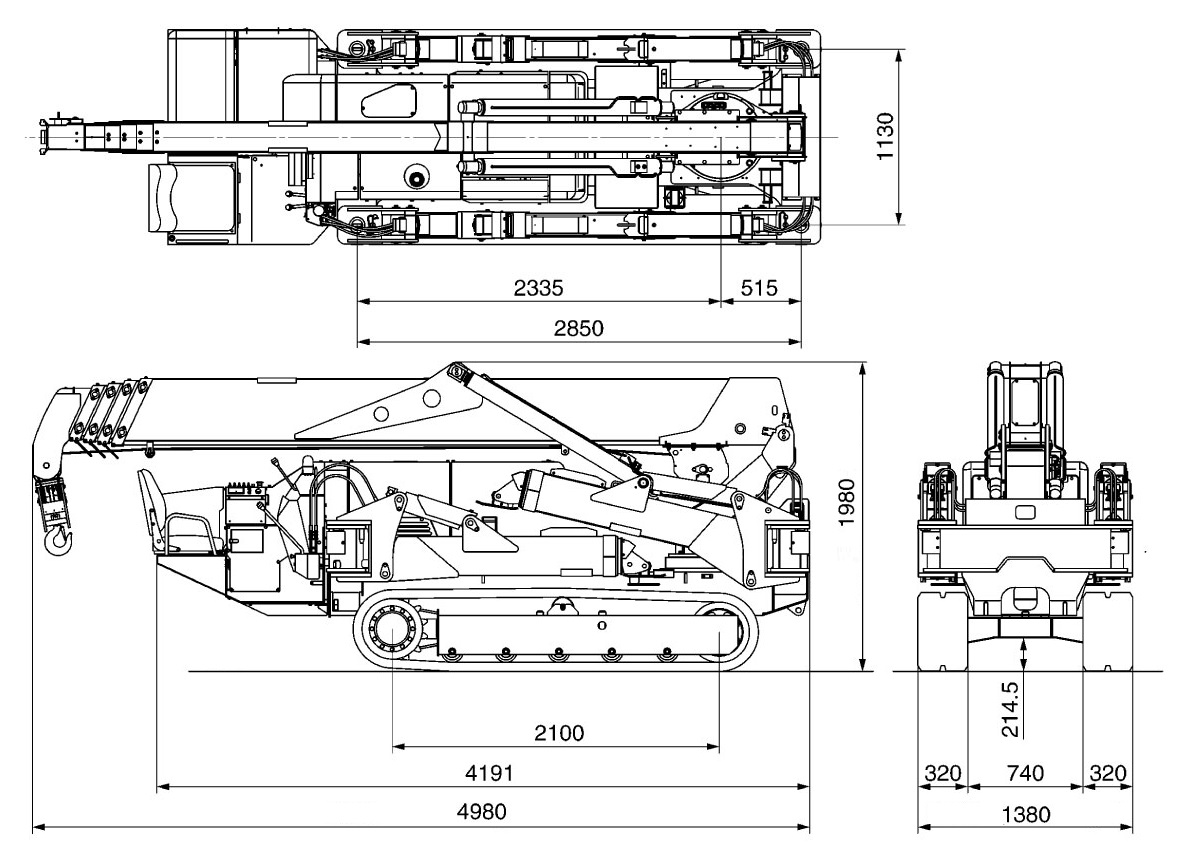 Габариты в транспортном положении мини-крана паука MAEDA MC405C