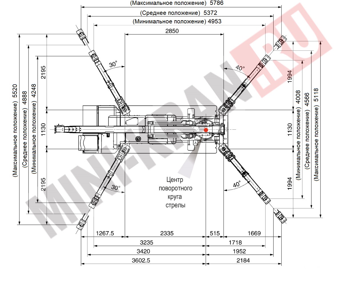 Габариты в рабочем положении мини-крана паука MAEDA MC405C