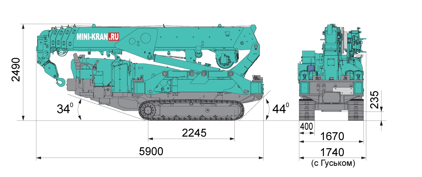 Габариты в транспортном положении мини-крана паука MAEDA MC815