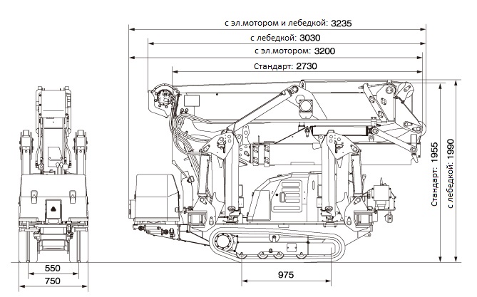 Габариты мини-крана паука MAEDA MK1033 с электромотором в собраном / транспортном положении